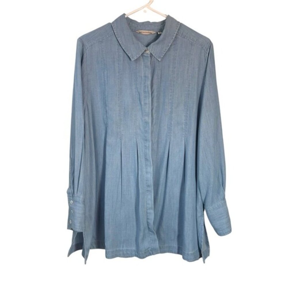 Soft Surroundings Top Womens XL Petite Chambray Long Sleeve Button Front Pleated